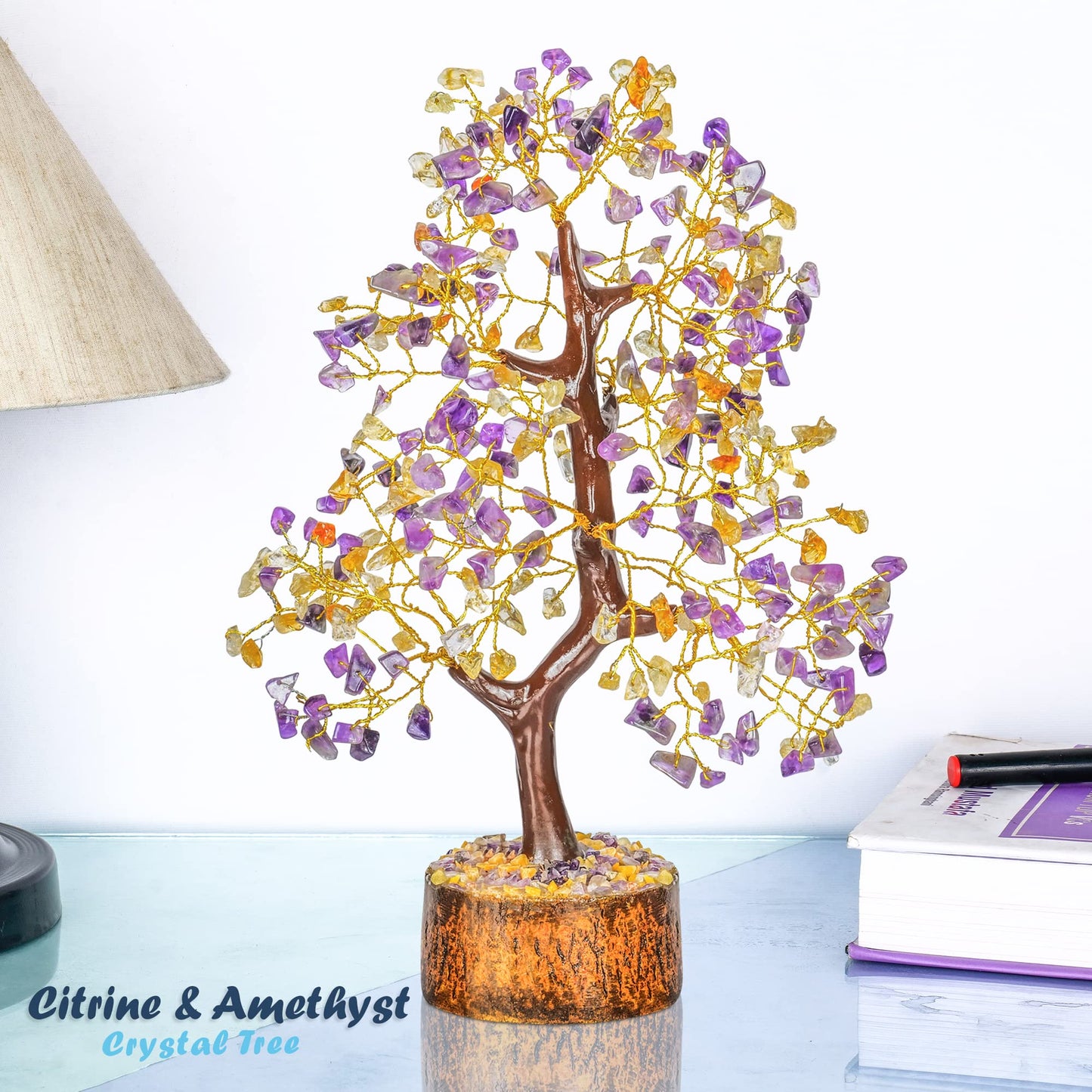 Tree of Life Gemstone Bonsai - Artificial Home and Office Decor, Spiritual Gift With Chakra Stones, Love Stone, Positive Energy - Crystal Rose Quartz