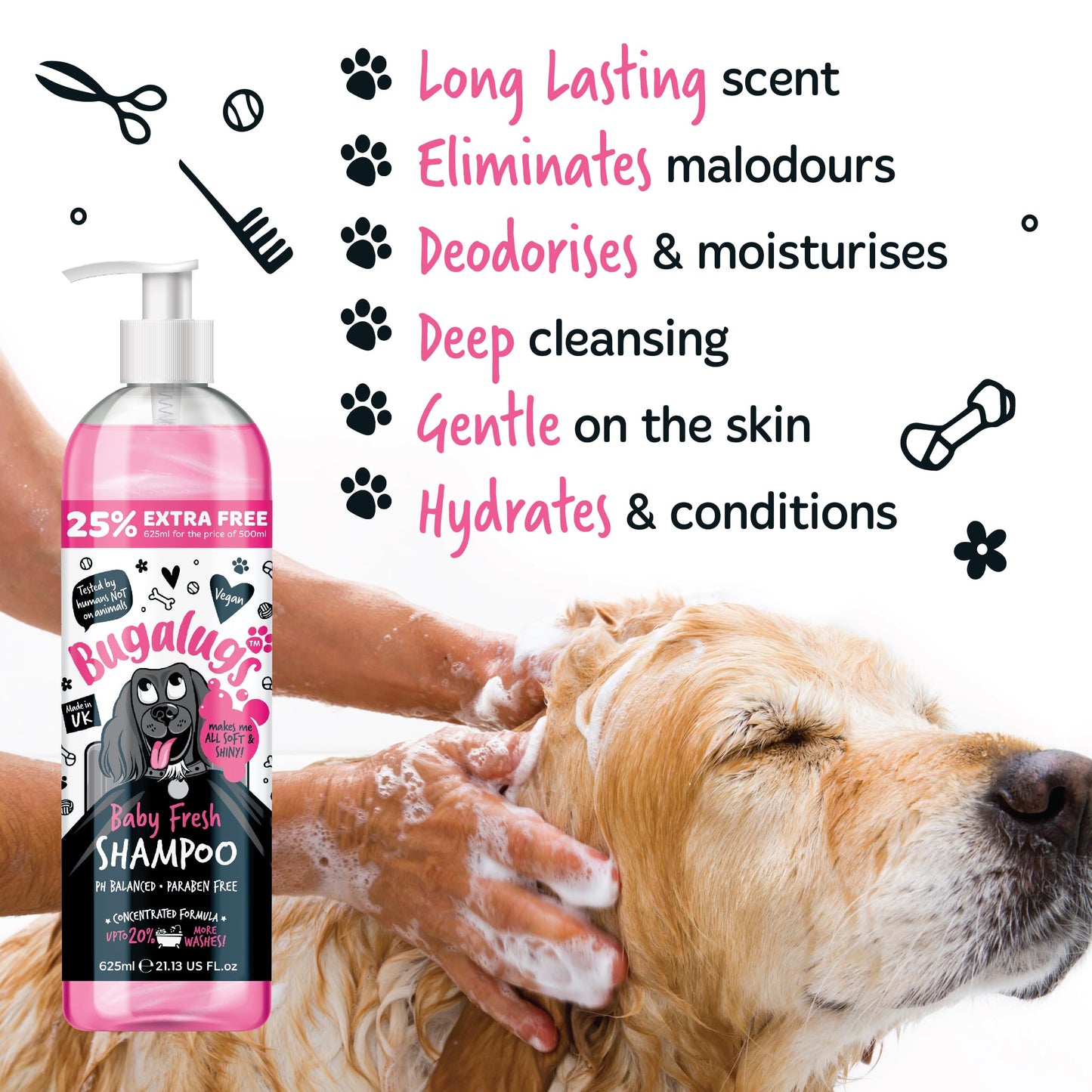 BUGALUGS Baby Fresh Dog Shampoo grooming products for smelly dogs with baby powder scent, best puppy shampoo, Vegan pet shampoo professional (625ml)