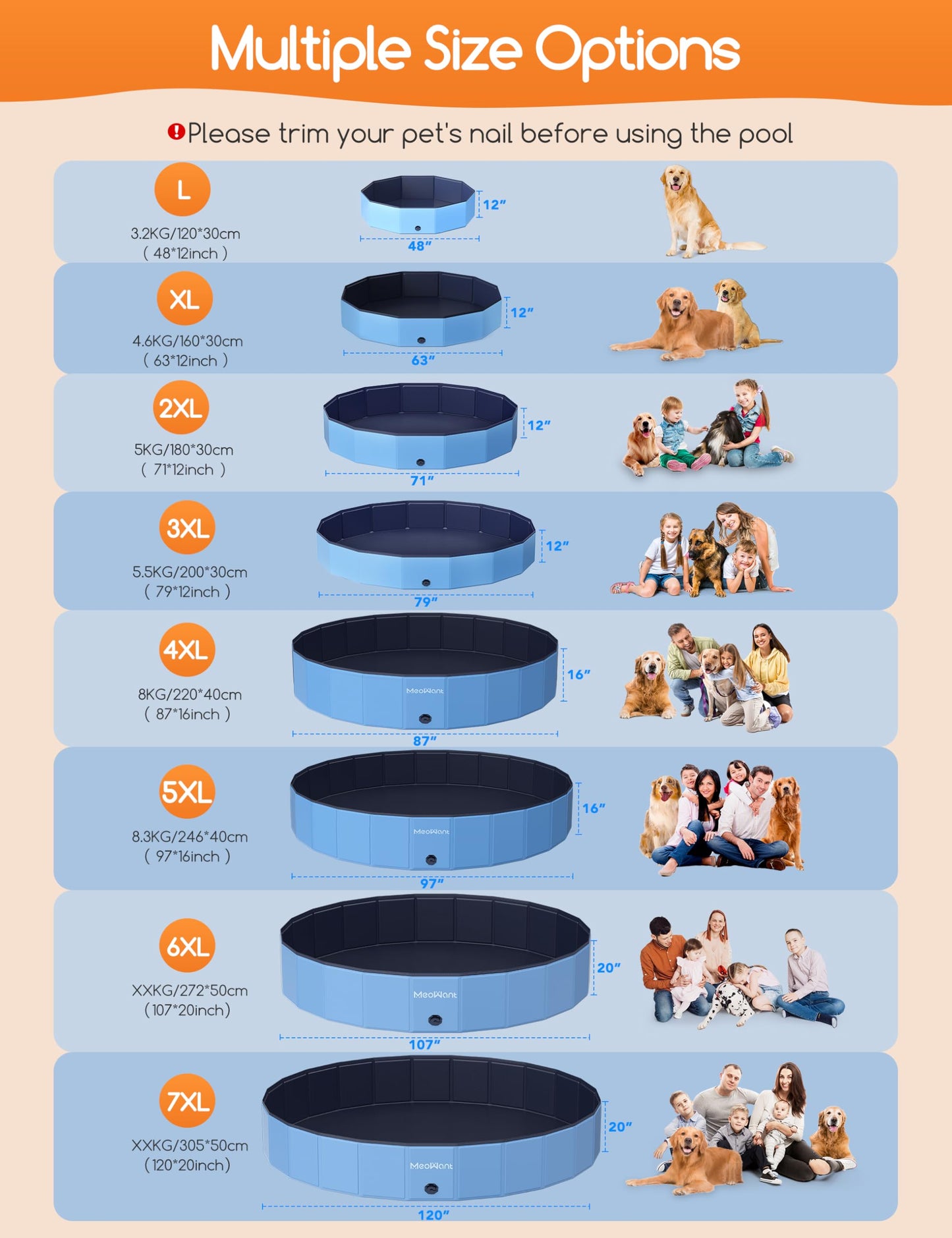 Meowant Foldable Dog Pool Dog Paddling Pool, Upgrade Thickened PP Material Swimming Pools for Large Dogs, Indoor Outdoor Portable Dog Pool, Large Kids Bath Pool with 4pcs Repair Patch (4XL-87 x 16)