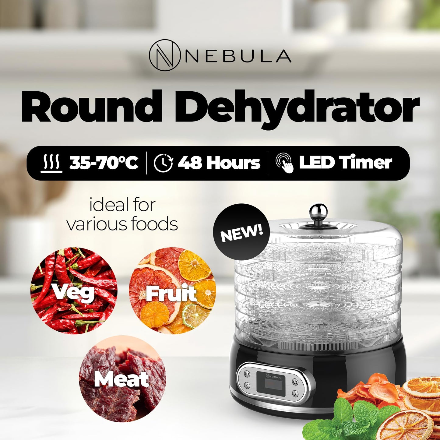 Nebula 450W Round 5 Tray Food Dehydrator | Adjustable Height, 35-70°C Temperature Control, 1-48 Hour Timer, Mesh Trays | Compact & Efficient Drying for Fruits, Vegetables, Meat, Herbs & Snacks
