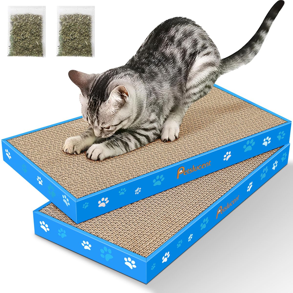 Petslucent Cat Scratching Board, Corrugate Cat Scratcher for Indoor Cats with Box, Cat Scratch Pad with Catnip, Cardboard Cat Scratcher Double-Sided Usability (1PCS)