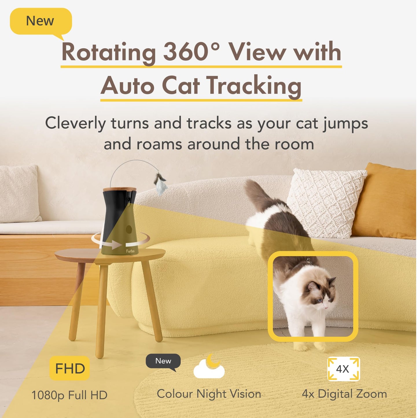 Furbo 360° Dog Camera w/Home Safety Package [PREMIUM W/SUBSCRPITION] Smart Pet Monitor w/App for Dog & Home, Rotating 360° View, Colour Night Vision, Auto-Tracking, Treat-toss, Barking, Smart Alert
