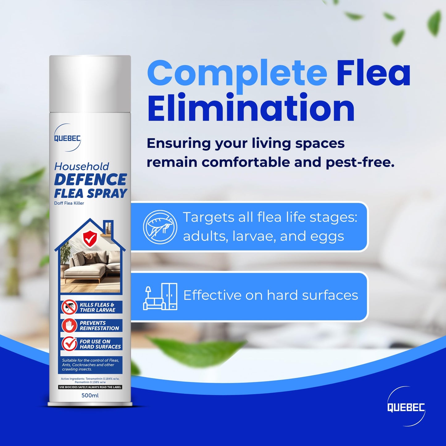 Quebec Household Flea Spray for the Home – Powerful Flea & Pest Control for Home, Effective Against Fleas, Ticks, Bed Bugs, Ants & Insects Long-Lasting Safe for Indoor Use Easy Application – 500ML (1)