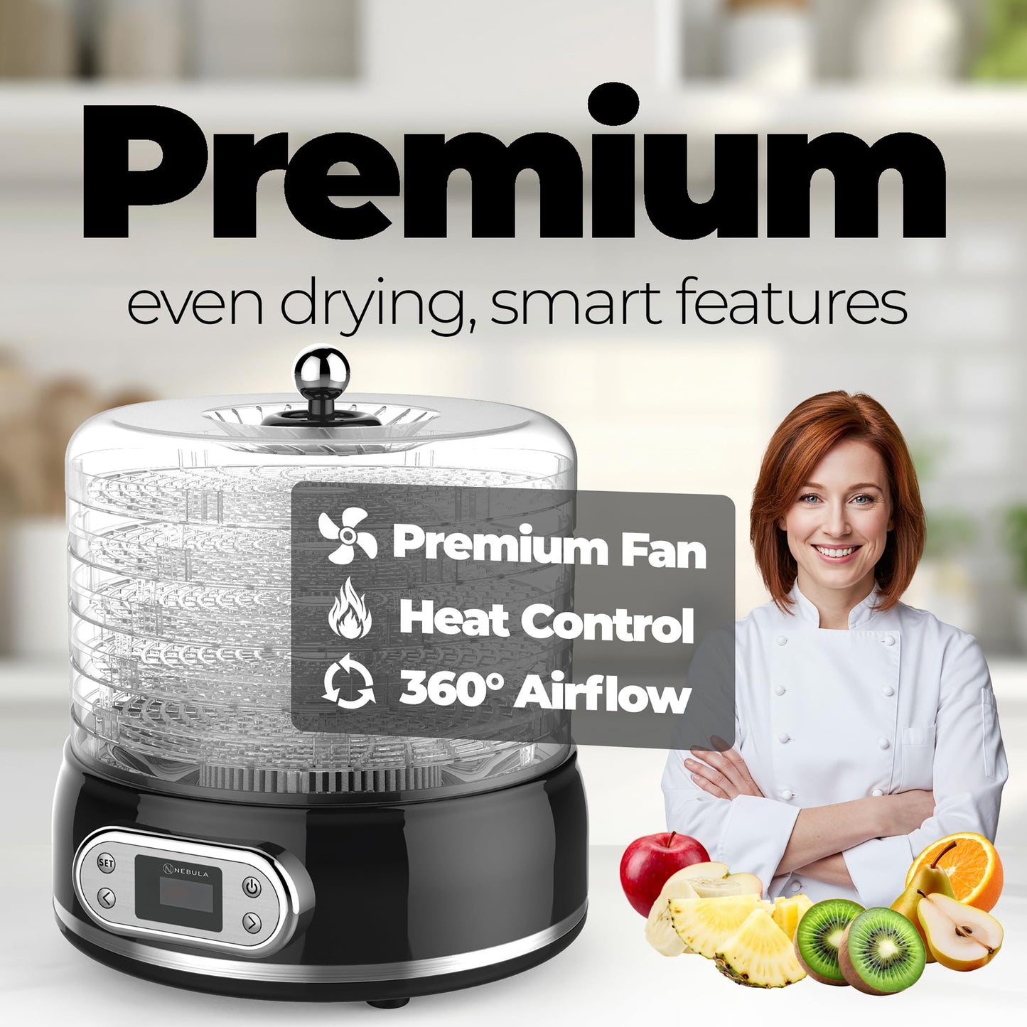 Nebula 450W Round 5 Tray Food Dehydrator | Adjustable Height, 35-70°C Temperature Control, 1-48 Hour Timer, Mesh Trays | Compact & Efficient Drying for Fruits, Vegetables, Meat, Herbs & Snacks