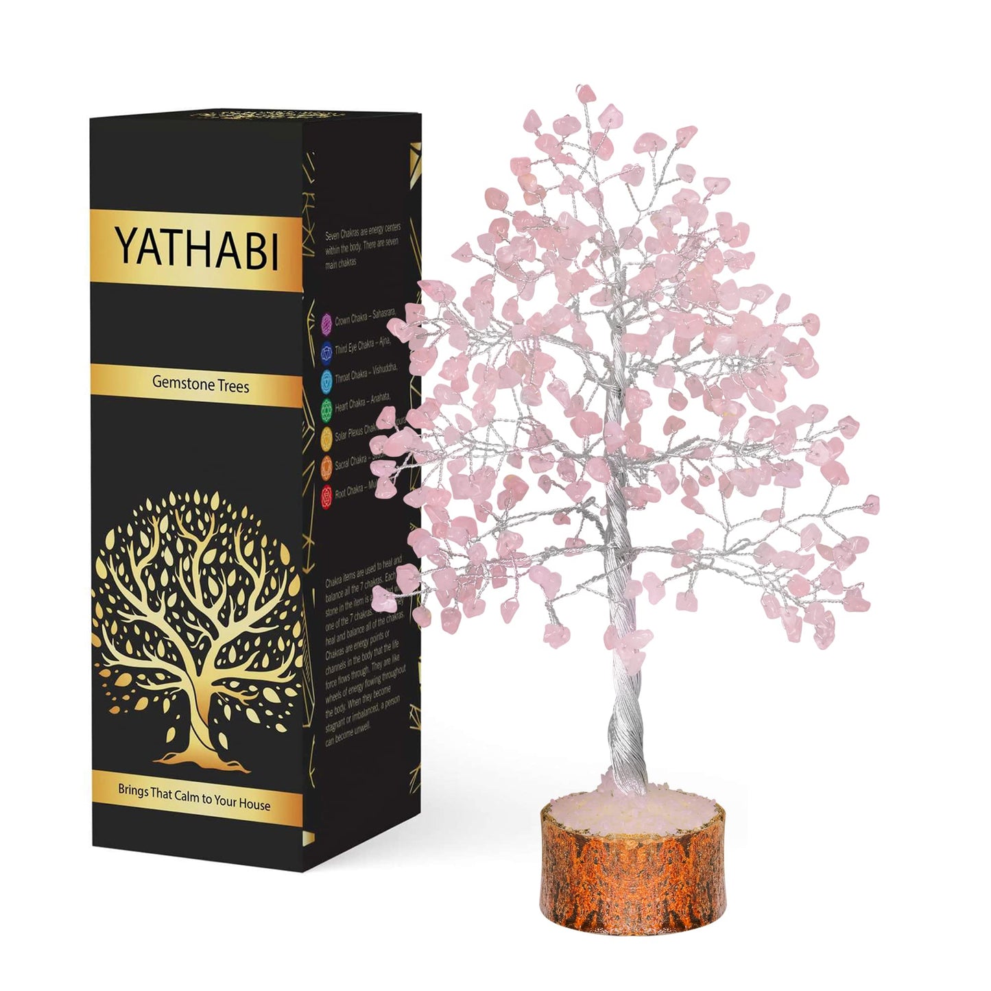 Tree of Life Gemstone Bonsai - Artificial Home and Office Decor, Spiritual Gift With Chakra Stones, Love Stone, Positive Energy - Crystal Rose Quartz