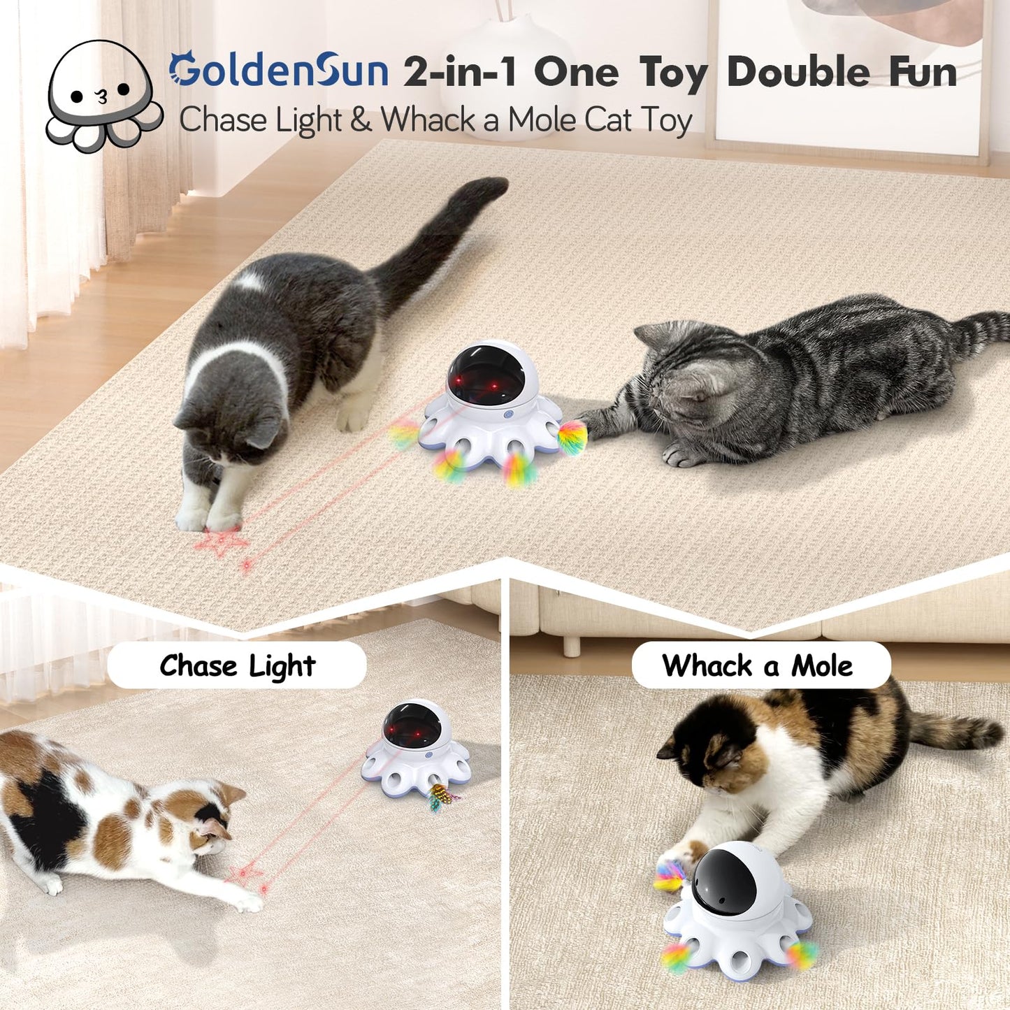 GoldenSun Cat Toy, 2-in-1 Interactive Cat Toys for Indoor Cats, Automatic Cat Toy, 8 Holes Mice Whack A Mole Moving Feather, USB Rechargeable Electronic Kitten Toys for All Breeds Black