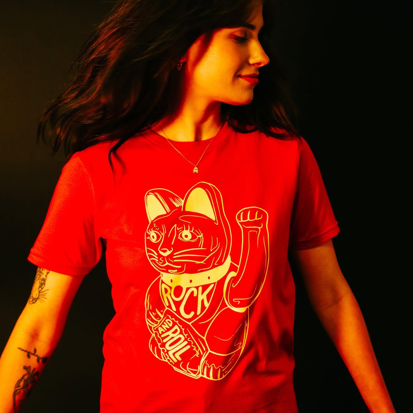 DB DEADBEAT Lucky Cat Rock and Roll Motif Screen Printed Eco-Friendly Unisex Red T-Shirt for Men, Women and Teens