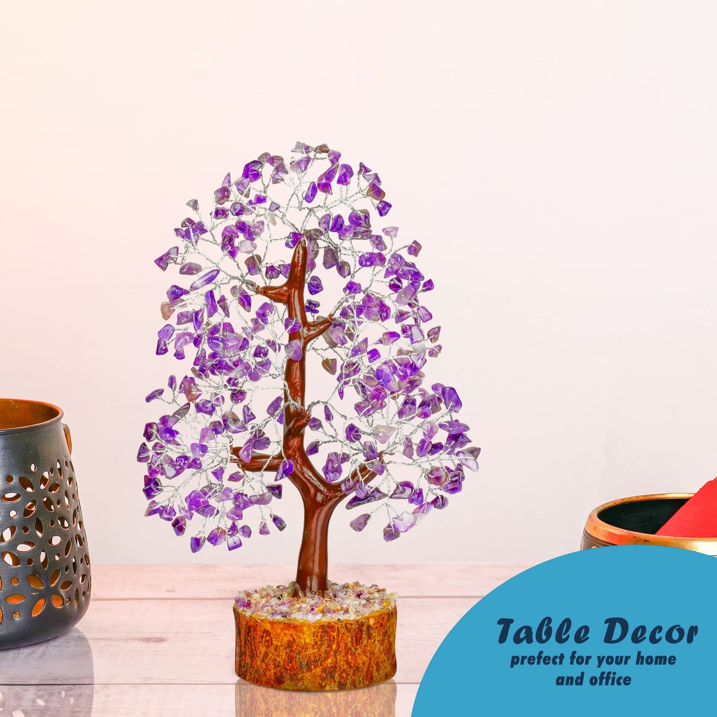 Tree of Life Gemstone Bonsai - Artificial Home and Office Decor, Spiritual Gift With Chakra Stones, Love Stone, Positive Energy - Crystal Rose Quartz
