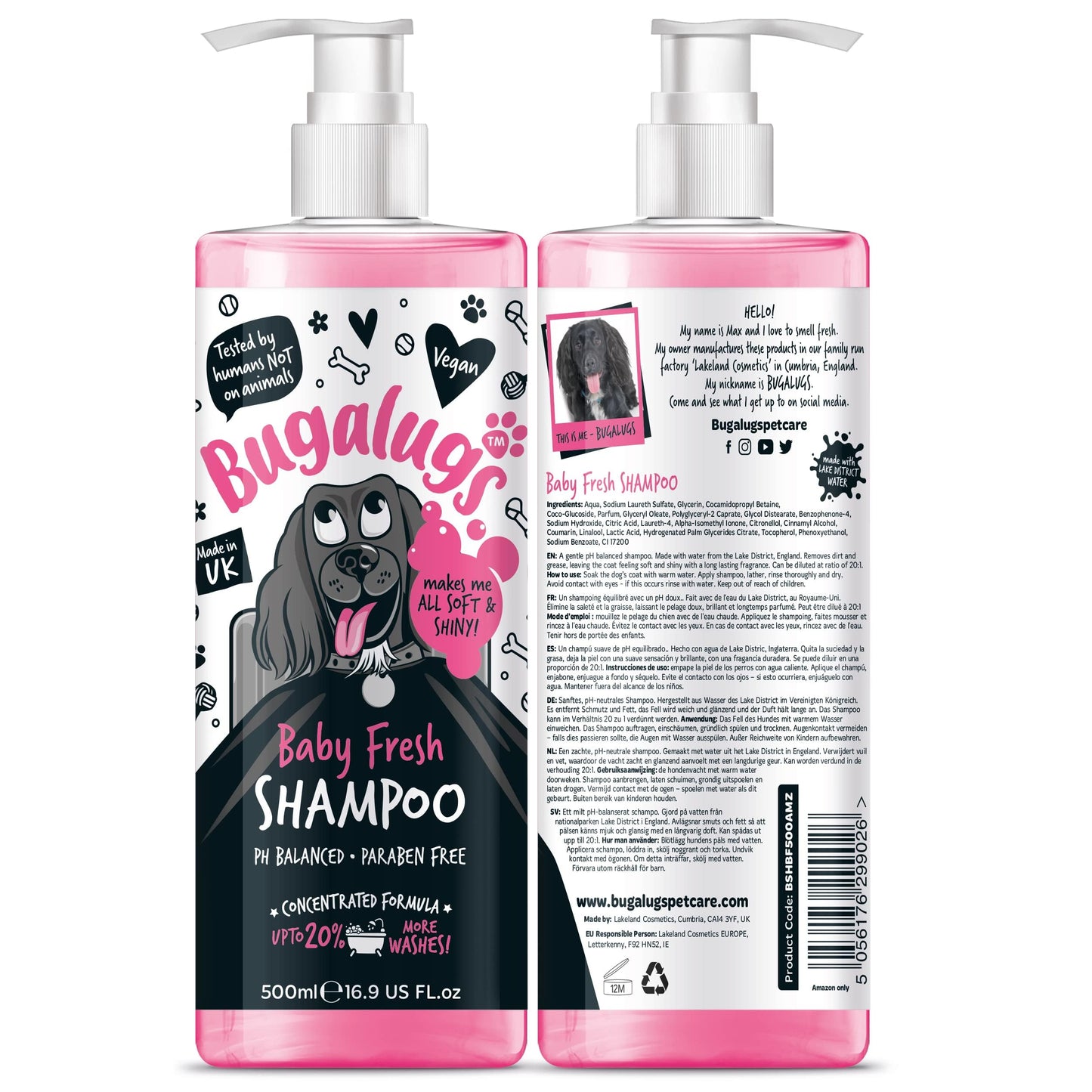 BUGALUGS Baby Fresh Dog Shampoo grooming products for smelly dogs with baby powder scent, best puppy shampoo, Vegan pet shampoo professional (625ml)