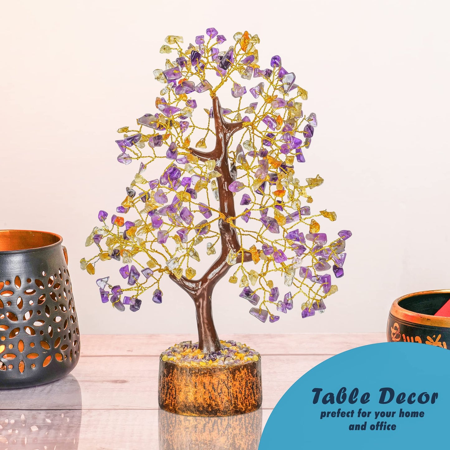 Tree of Life Gemstone Bonsai - Artificial Home and Office Decor, Spiritual Gift With Chakra Stones, Love Stone, Positive Energy - Crystal Rose Quartz