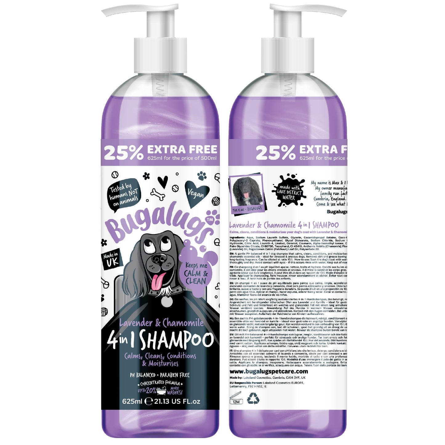 Bugalugs Lavender & Chamomile 4-in-1 Dog Shampoo and Conditioner - Professional Pet Grooming for Smelly Puppies - Vegan Formula (625ml)