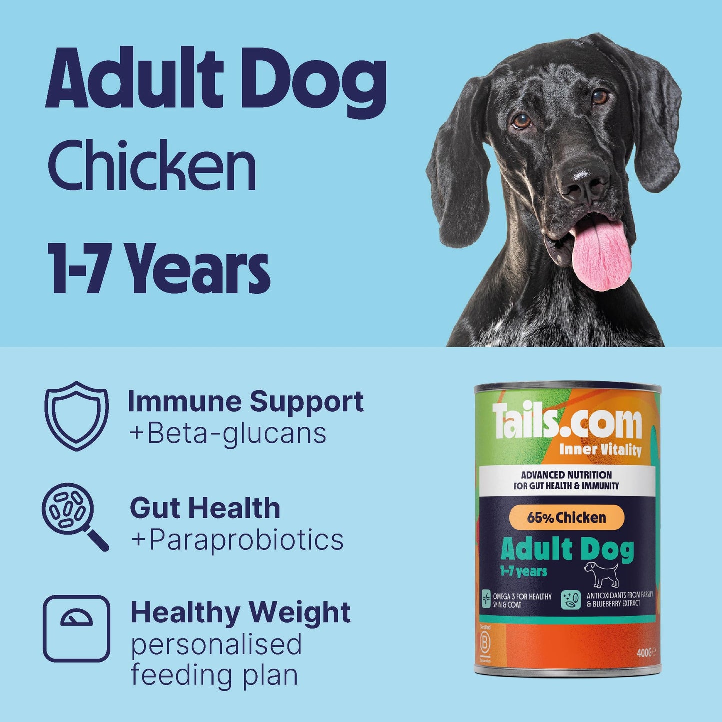 Tails.com Inner Vitality - Wet Dog Food Tin Adult Chicken 6 x 400g - 1-7 yrs - Source of antioxidants from parsley & blueberry extract