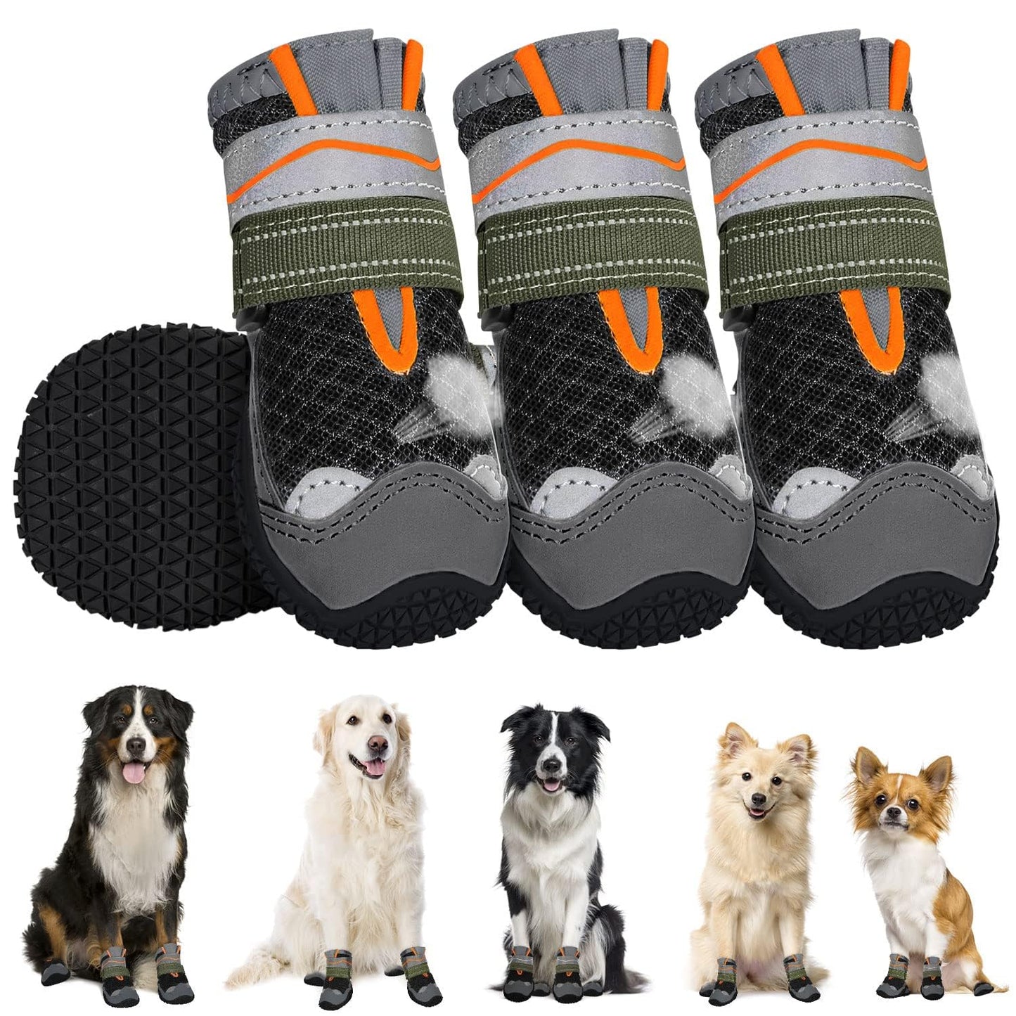 Eyein Dog Boots Paw Protector, Breathable Dog Boots for Injured Paws Waterproof, Dual Adjustable Washable Non-Slip Dog Shoes for Walking, Reflective Dog Shoes for Small Medium Large Dogs(2pcs)