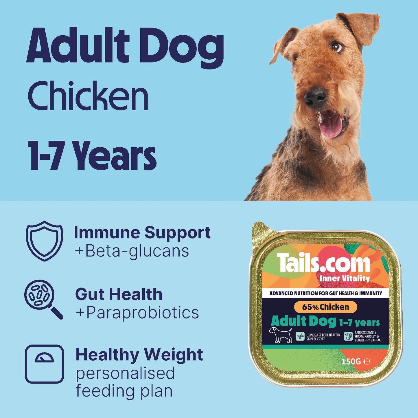 Tails.com Inner Vitality - Wet Dog Food Tray Sensitive Adult Chicken & Cod 11 x 150g - 1-7 yrs - Grain free recipe - Source of Omega 3 to support healthy skin & coat