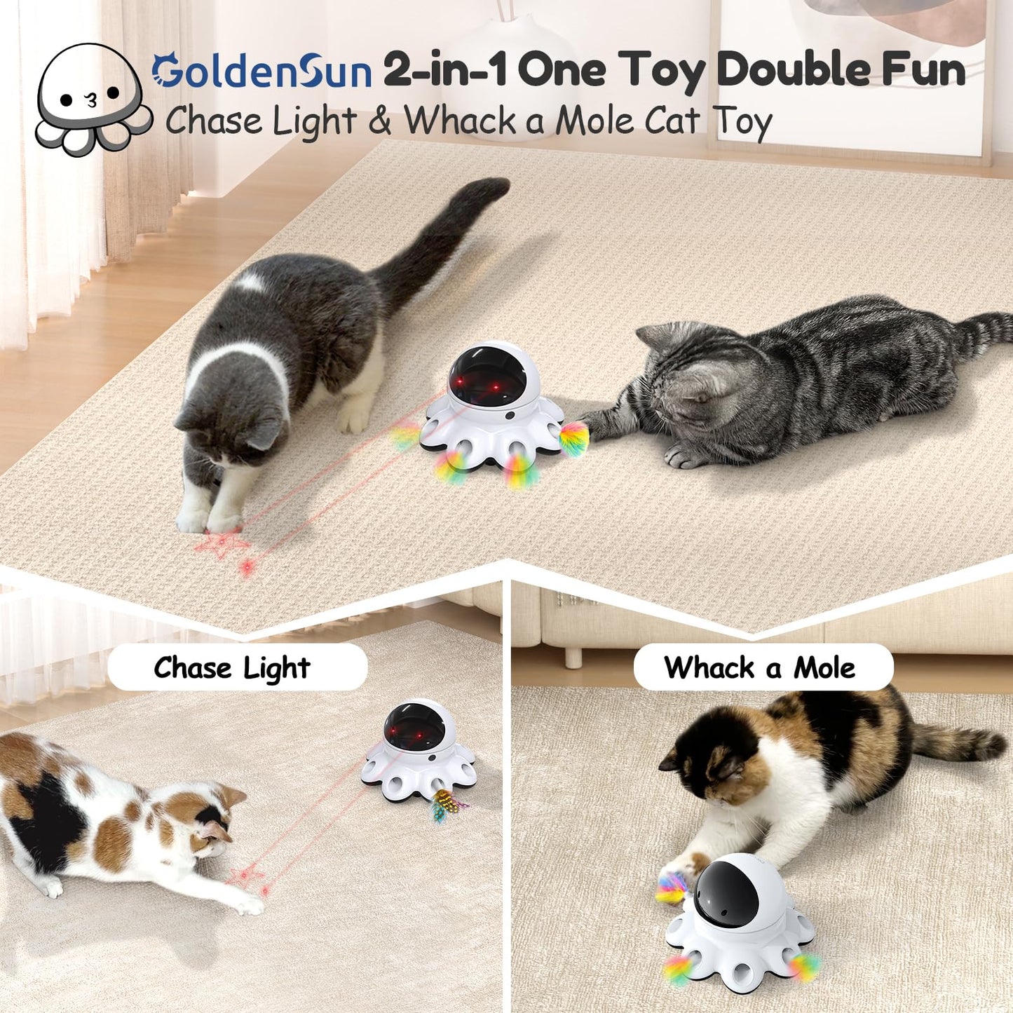 GoldenSun Cat Toy, 2-in-1 Interactive Cat Toys for Indoor Cats, Automatic Cat Toy, 8 Holes Mice Whack A Mole Moving Feather, USB Rechargeable Electronic Kitten Toys for All Breeds Black