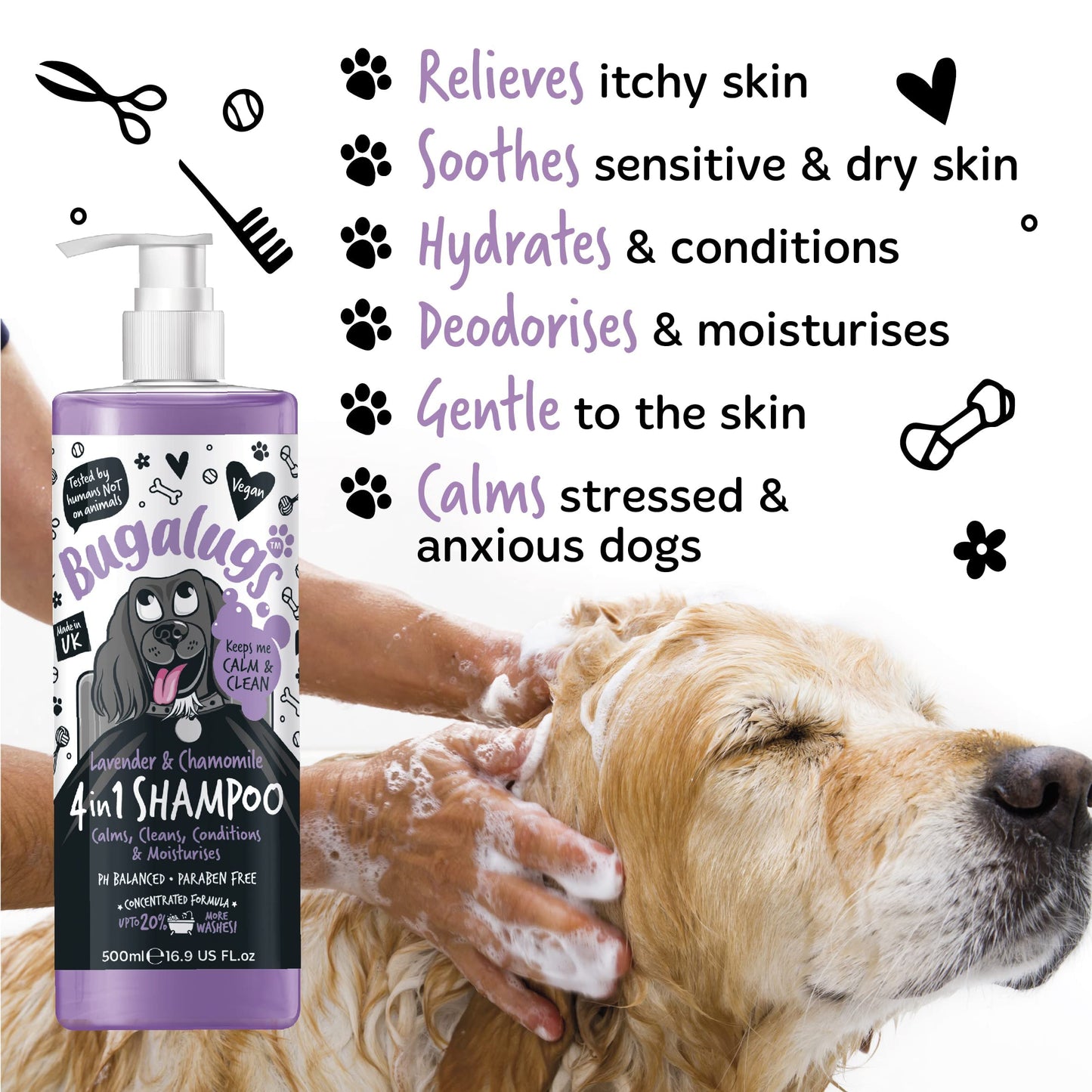 Bugalugs Lavender & Chamomile 4-in-1 Dog Shampoo and Conditioner - Professional Pet Grooming for Smelly Puppies - Vegan Formula (625ml)