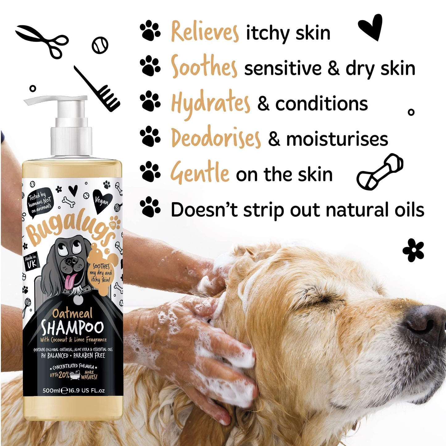BUGALUGS Itchy Dog Shampoo with Oatmeal & Aloe Vera Dog professional Vegan dog grooming products for smelly dogs with fragrance can use as puppy shampoo (500ml)