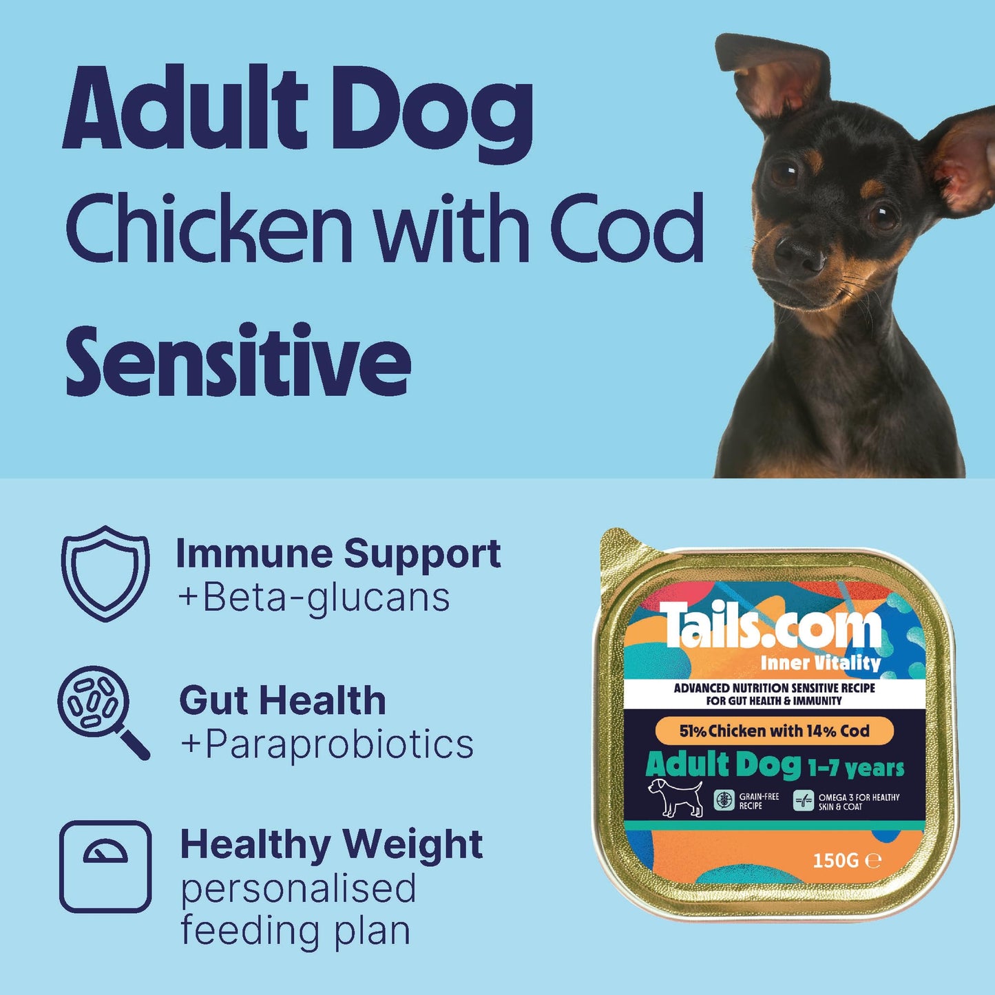 Tails.com Inner Vitality - Wet Dog Food Tray Sensitive Adult Chicken & Cod 11 x 150g - 1-7 yrs - Grain free recipe - Source of Omega 3 to support healthy skin & coat