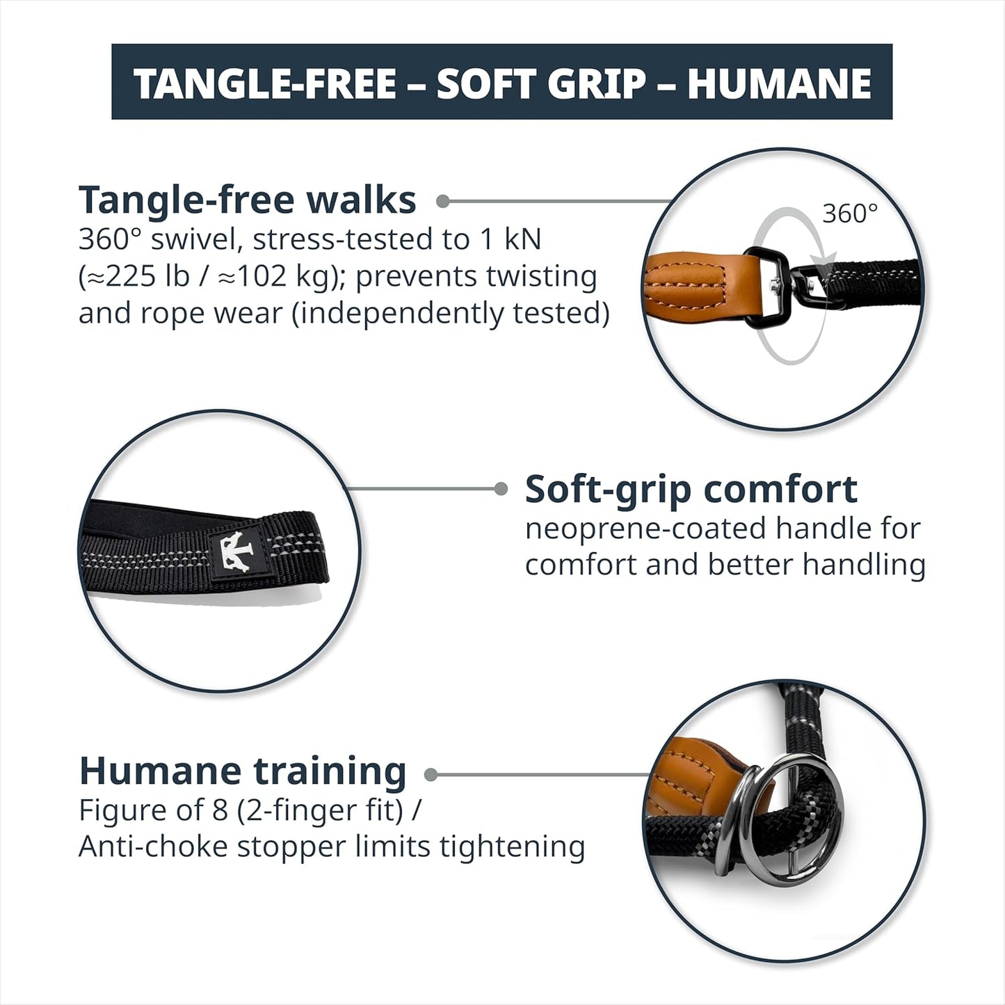 Figure of 8 Slip Lead for Dogs, Dual-Use No-Pull Training Leash with Stopper, Neoprene Nose Padding, Reflective Safety Strip and Robust Static 14-Core Nylon Rope