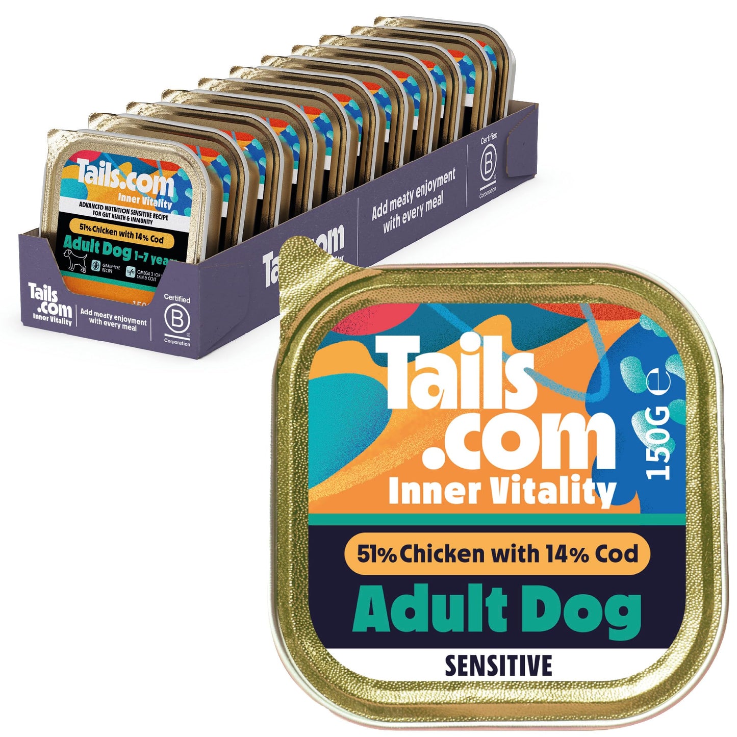 Tails.com Inner Vitality - Wet Dog Food Tray Sensitive Adult Chicken & Cod 11 x 150g - 1-7 yrs - Grain free recipe - Source of Omega 3 to support healthy skin & coat