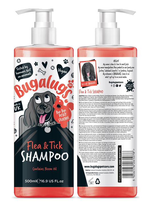 Flea and Tick Dog Shampoo by Bugalugs, Works on Smelly Puppies & Dogs, Contains Neem Oil PH Balanced Vegan Used by Professional Groom (Shampoo 500ml)