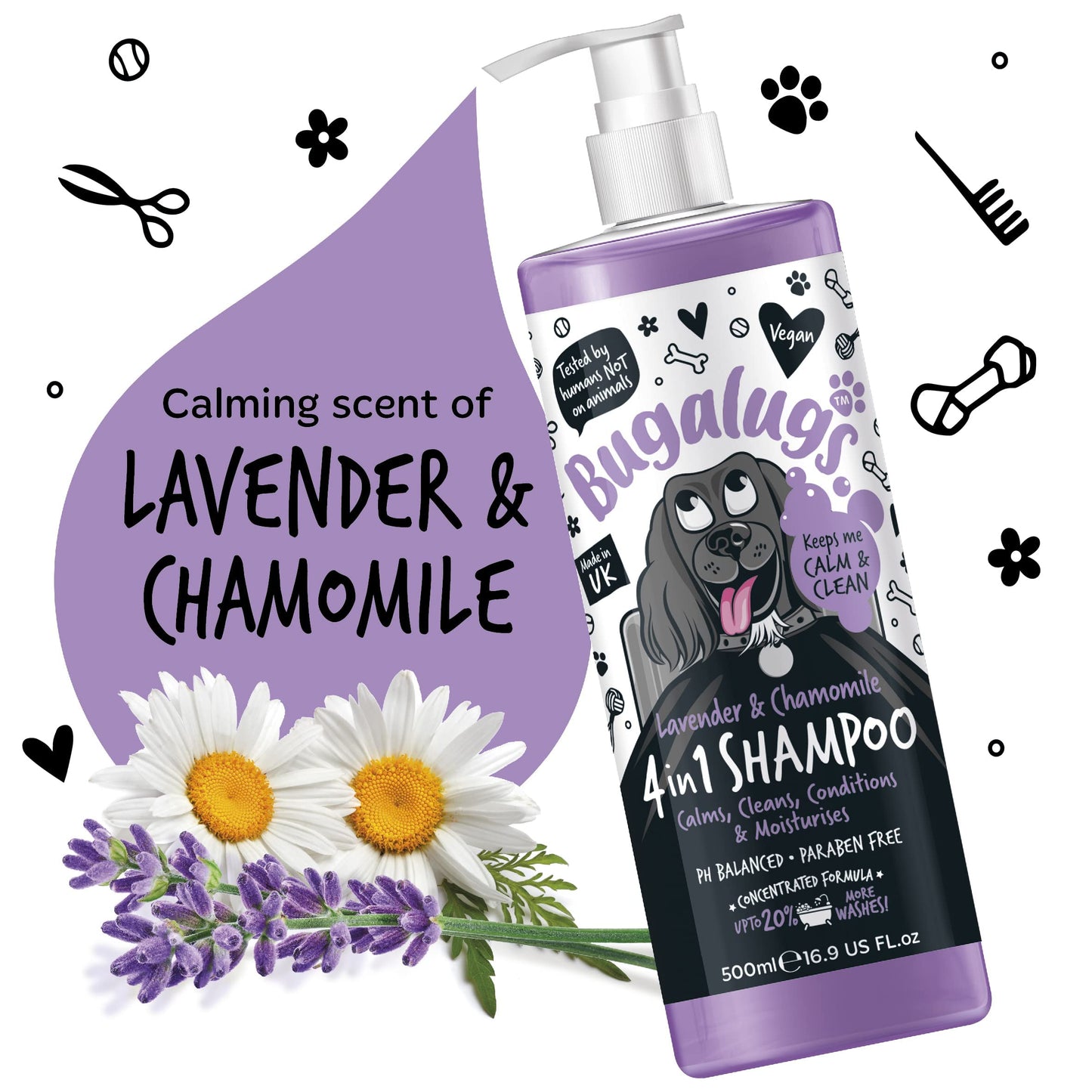 Bugalugs Lavender & Chamomile 4-in-1 Dog Shampoo and Conditioner - Professional Pet Grooming for Smelly Puppies - Vegan Formula (625ml)