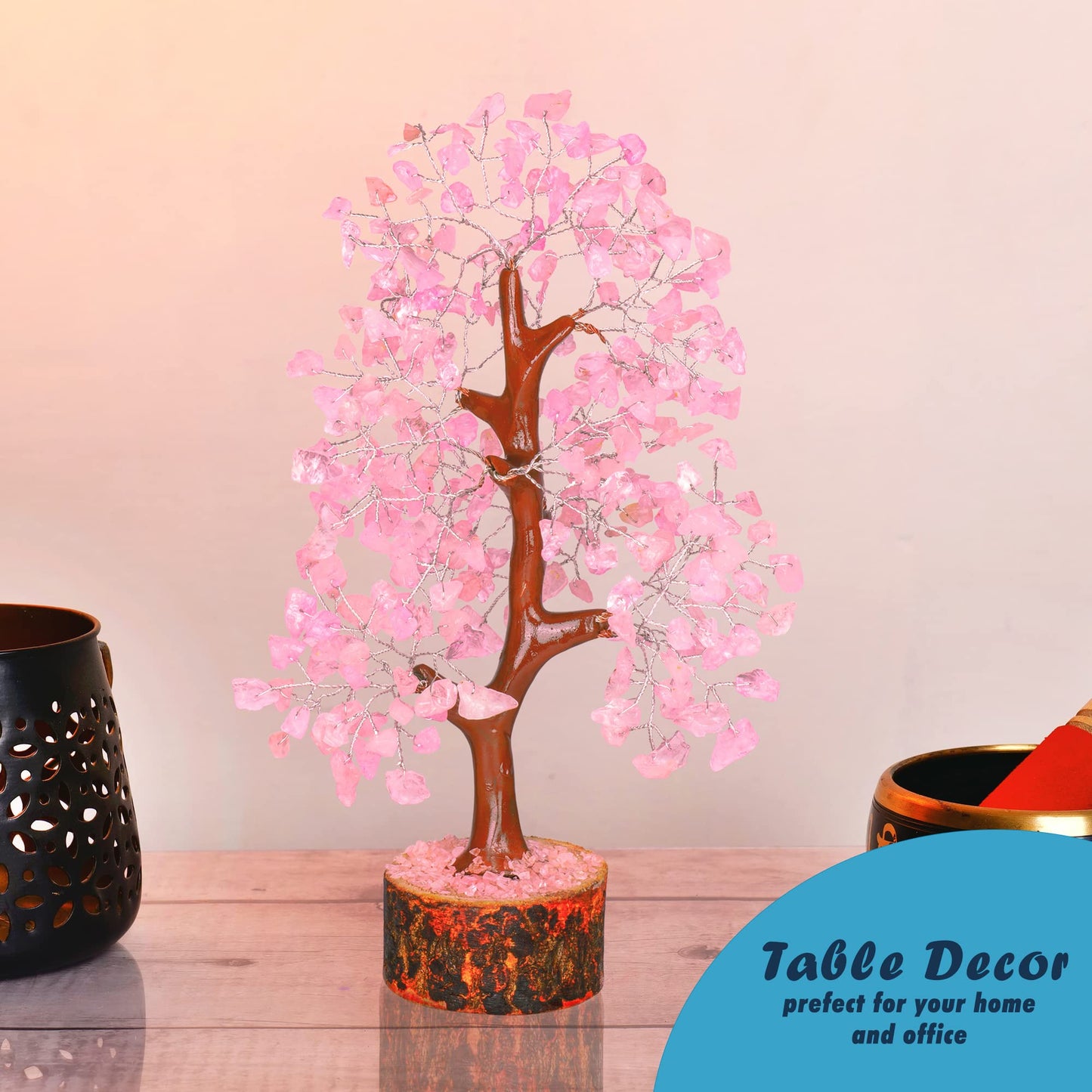 Tree of Life Gemstone Bonsai - Artificial Home and Office Decor, Spiritual Gift With Chakra Stones, Love Stone, Positive Energy - Crystal Rose Quartz