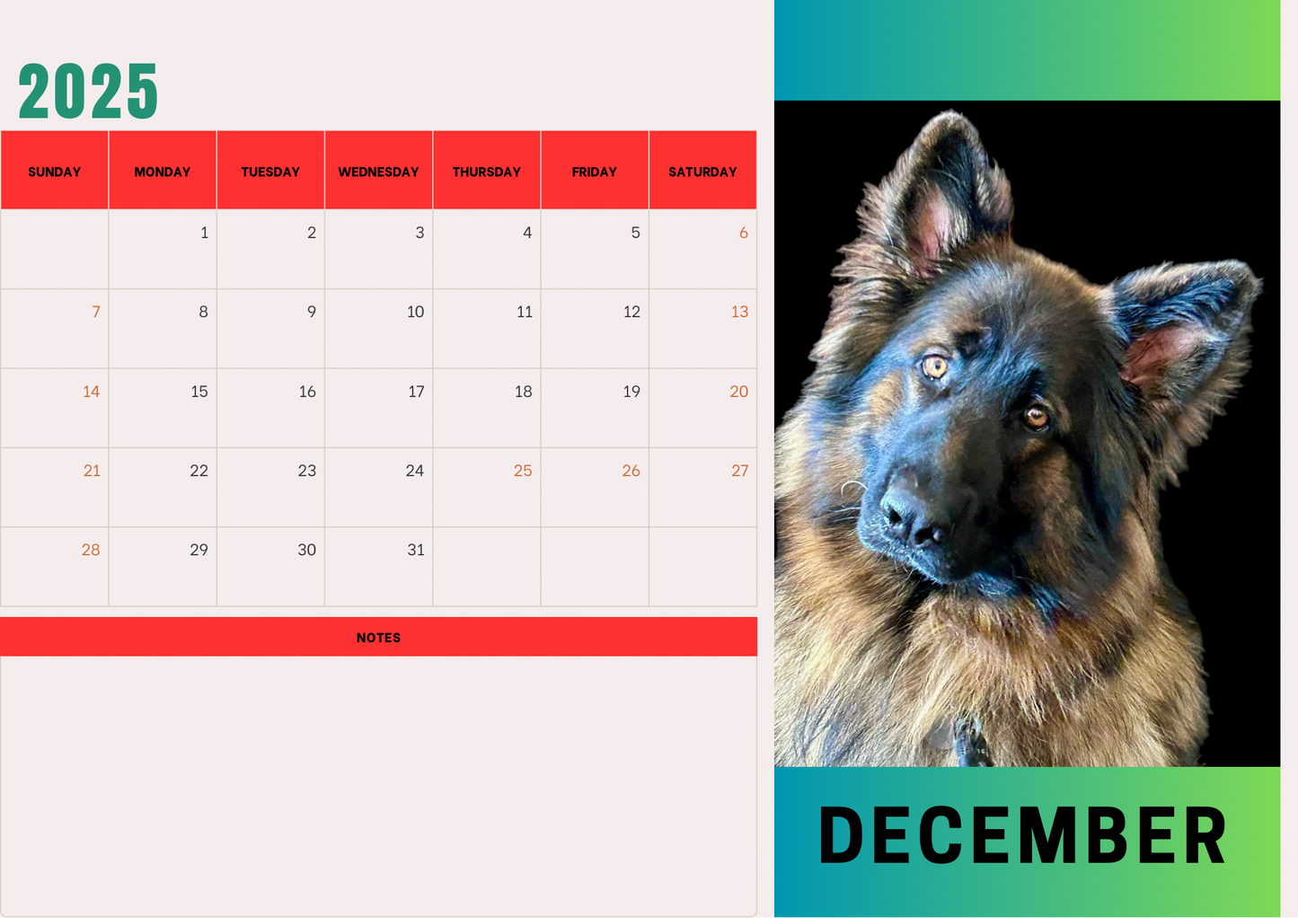 Dogs 2 calendar 2025 A4 landscape