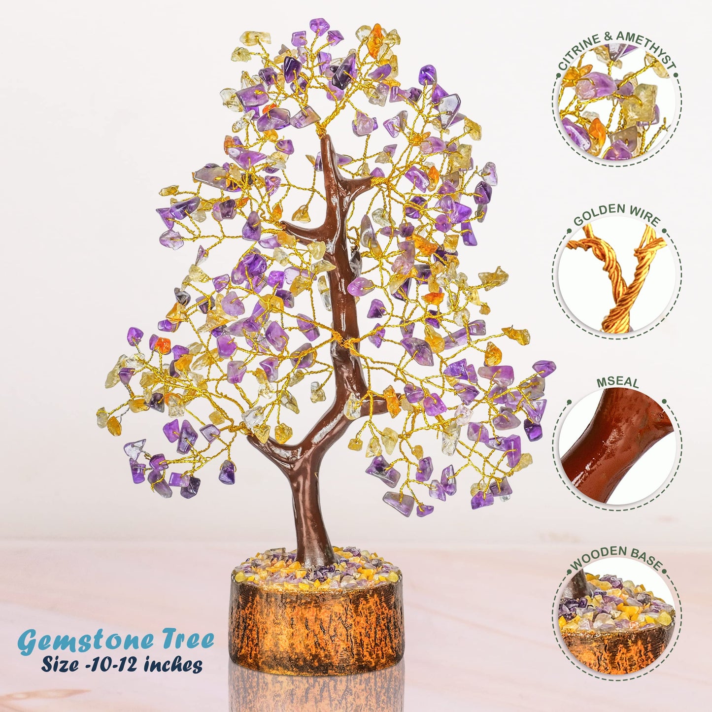 Tree of Life Gemstone Bonsai - Artificial Home and Office Decor, Spiritual Gift With Chakra Stones, Love Stone, Positive Energy - Crystal Rose Quartz