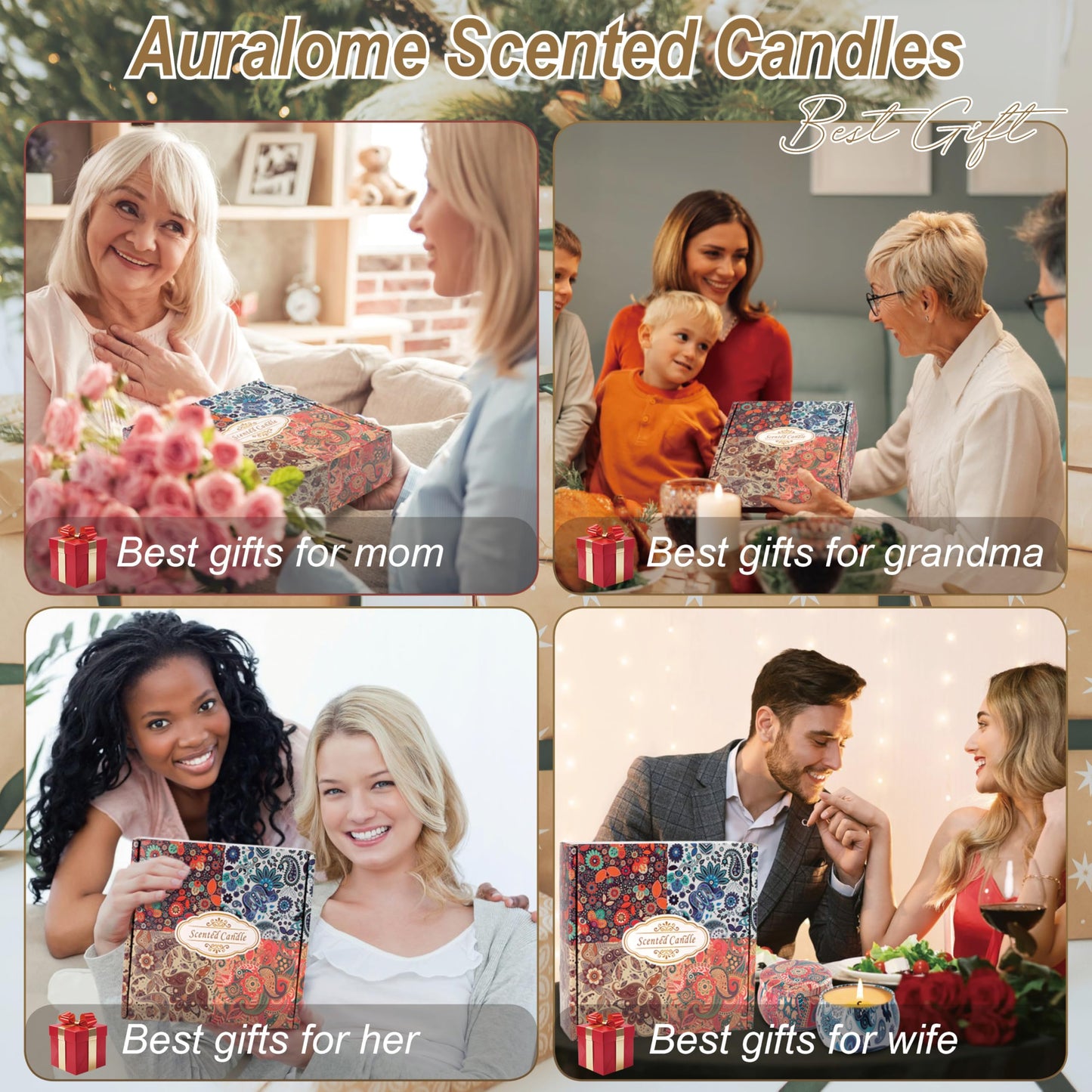 Auralome Scented Candles Sets for Women - Natural Soy Wax Aromatherapy Candle Small Gifts Long Burn Fragranced Aroma Candle Set of 4 4.4 Oz for Birthday Mum Teacher Mothers Day Christmas Diwali Bath