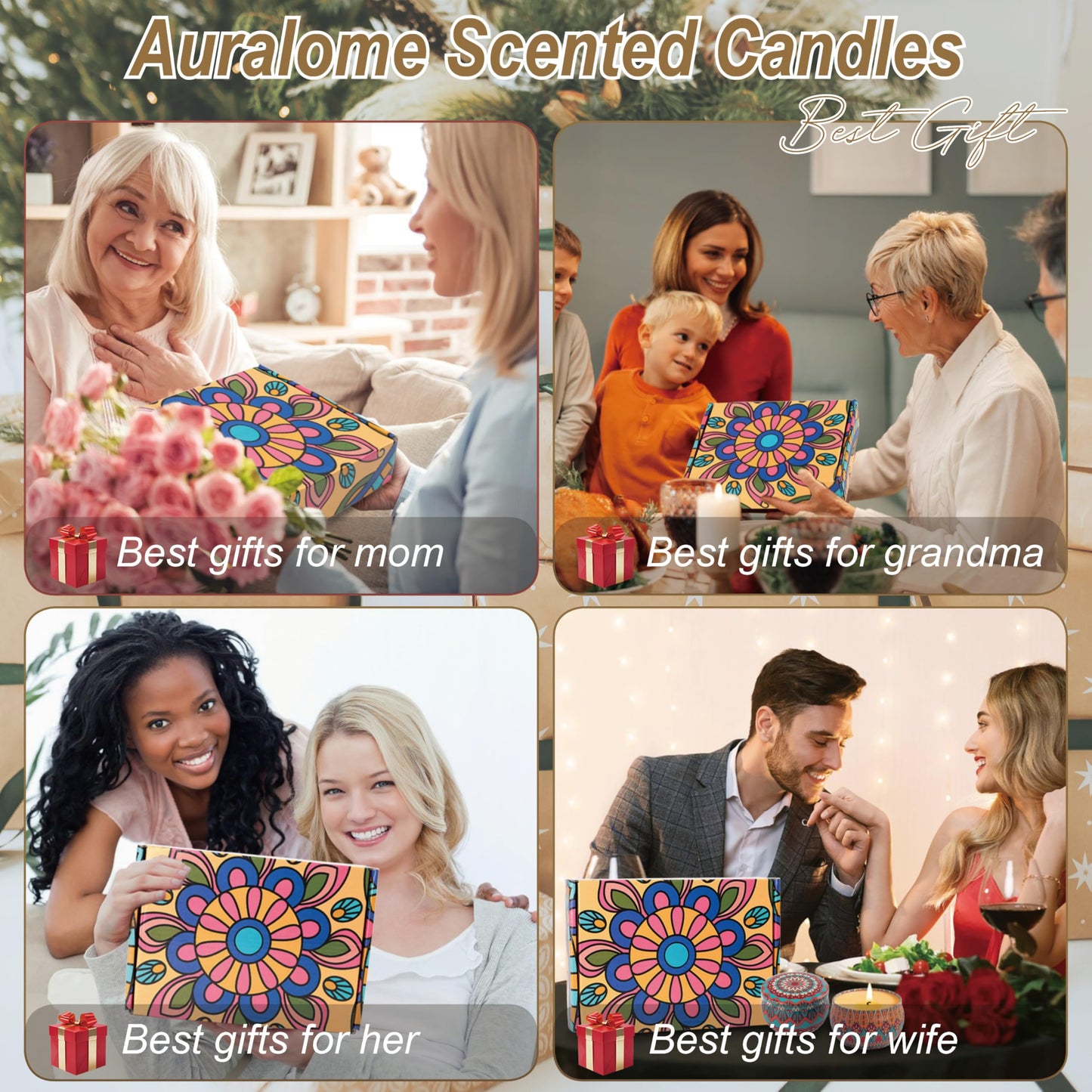 Auralome Scented Candles Sets for Women - Natural Soy Wax Aromatherapy Candle Small Gifts Long Burn Fragranced Aroma Candle Set of 4 4.4 Oz for Birthday Mum Teacher Mothers Day Christmas Diwali Bath