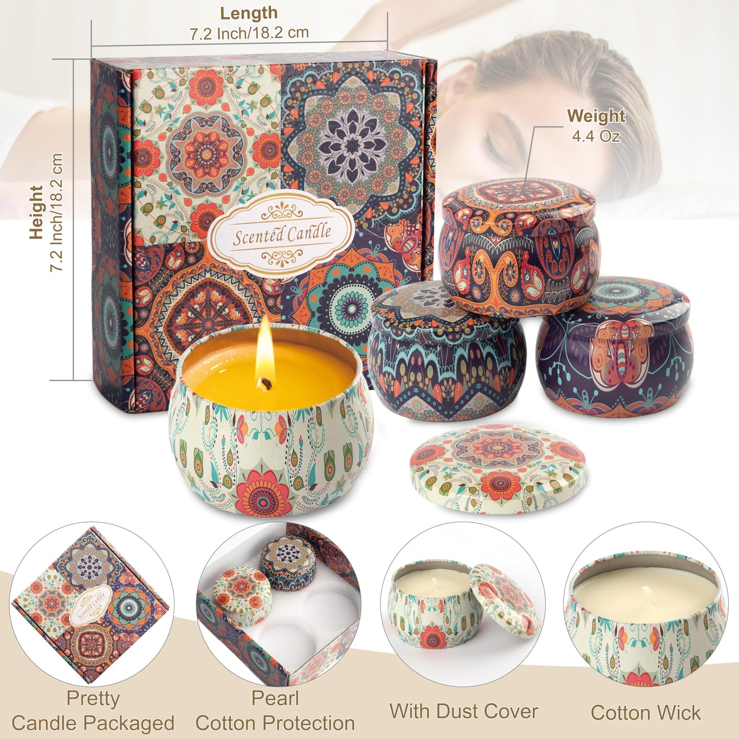 Auralome Scented Candles Sets for Women - Natural Soy Wax Aromatherapy Candle Small Gifts Long Burn Fragranced Aroma Candle Set of 4 4.4 Oz for Birthday Mum Teacher Mothers Day Christmas Diwali Bath