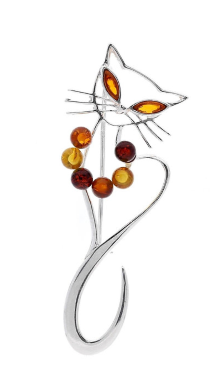 Silver Cat Brooch Multi Colour Amber