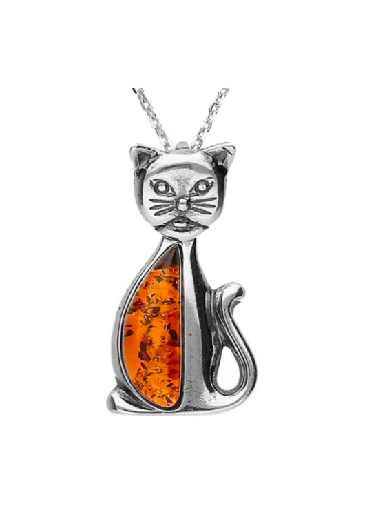 Designer Amber Silver Cat Pendant