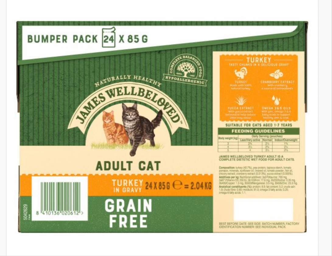 James Wellbeloved Adult Cat Grain Free Turkey in Gravy Pouches 2x24 x 85g