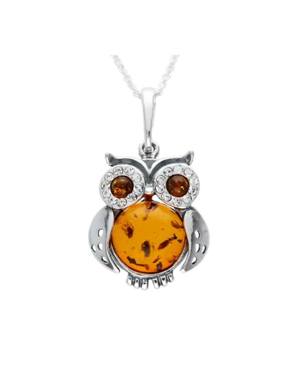 Small Owl Amber Zirconia Silver Pendant